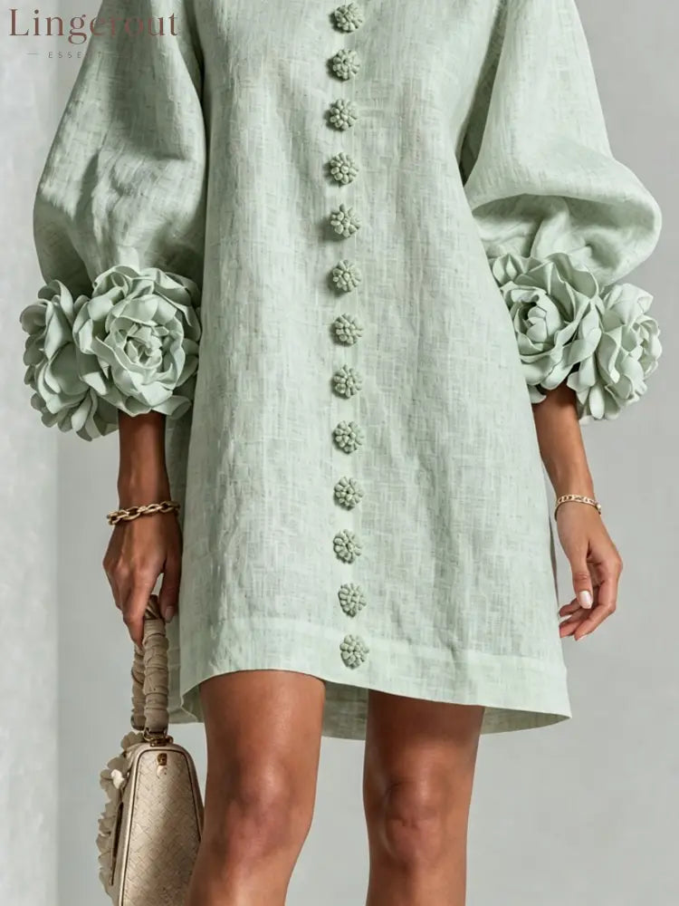 Sage Mist Floral Button-down Mini Dress With Striking Floral Cuffs