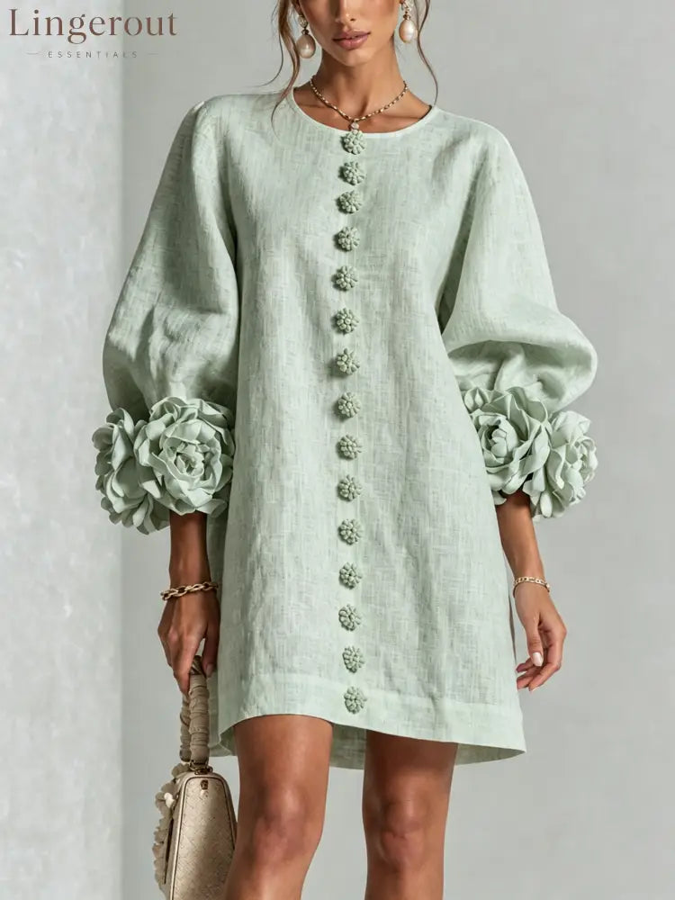 Sage Mist Floral Button-down Mini Dress With Striking Floral Cuffs - Sage Mist / S