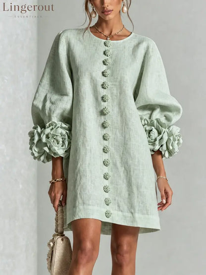 Sage Mist Floral Button-down Mini Dress With Striking Floral Cuffs - Sage Mist / S