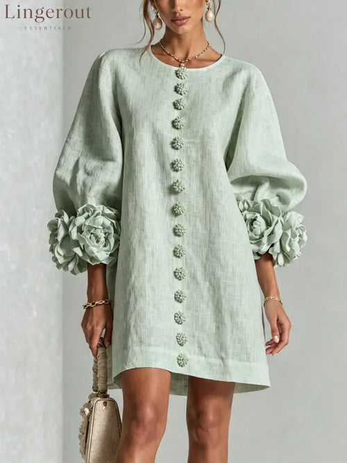 Sage Mist Floral Button-down Mini Dress With Striking Floral Cuffs - Sage Mist / S