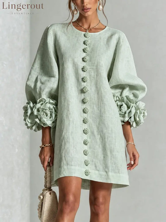 Sage Mist Floral Button-down Mini Dress With Striking Floral Cuffs - Sage Mist / S