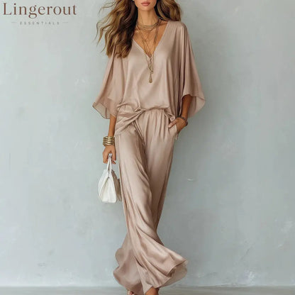 Satin Batwing Top Wide Leg Pants 2 Piece Set