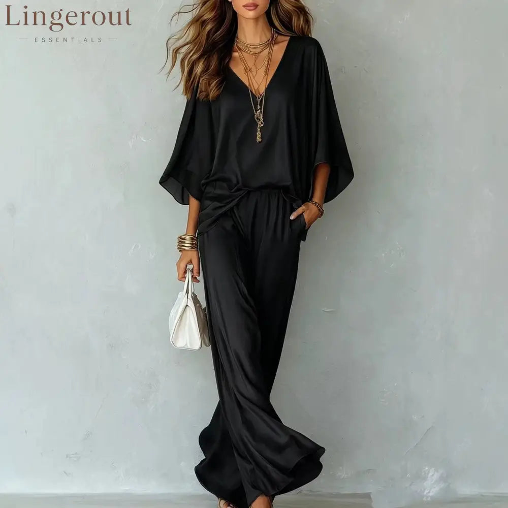 Satin Batwing Top Wide Leg Pants 2 Piece Set