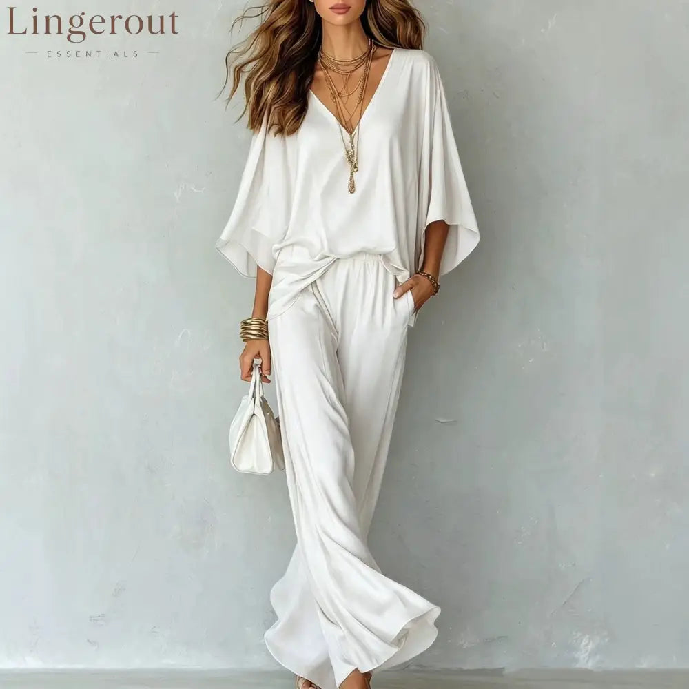 Satin Batwing Top Wide Leg Pants 2 Piece Set