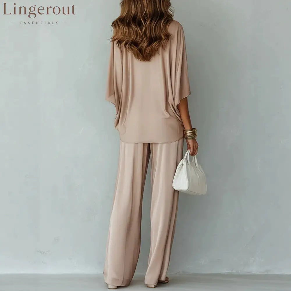 Satin Batwing Top Wide Leg Pants 2 Piece Set