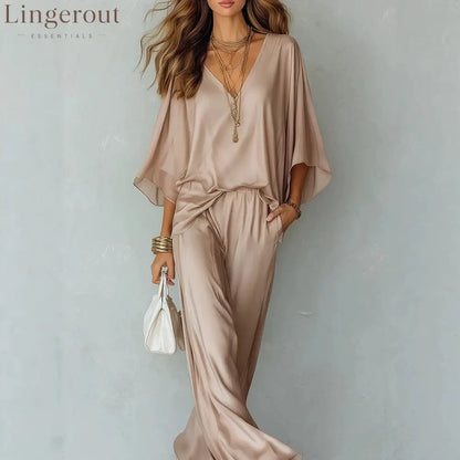 Satin Batwing Top Wide Leg Pants 2 Piece Set