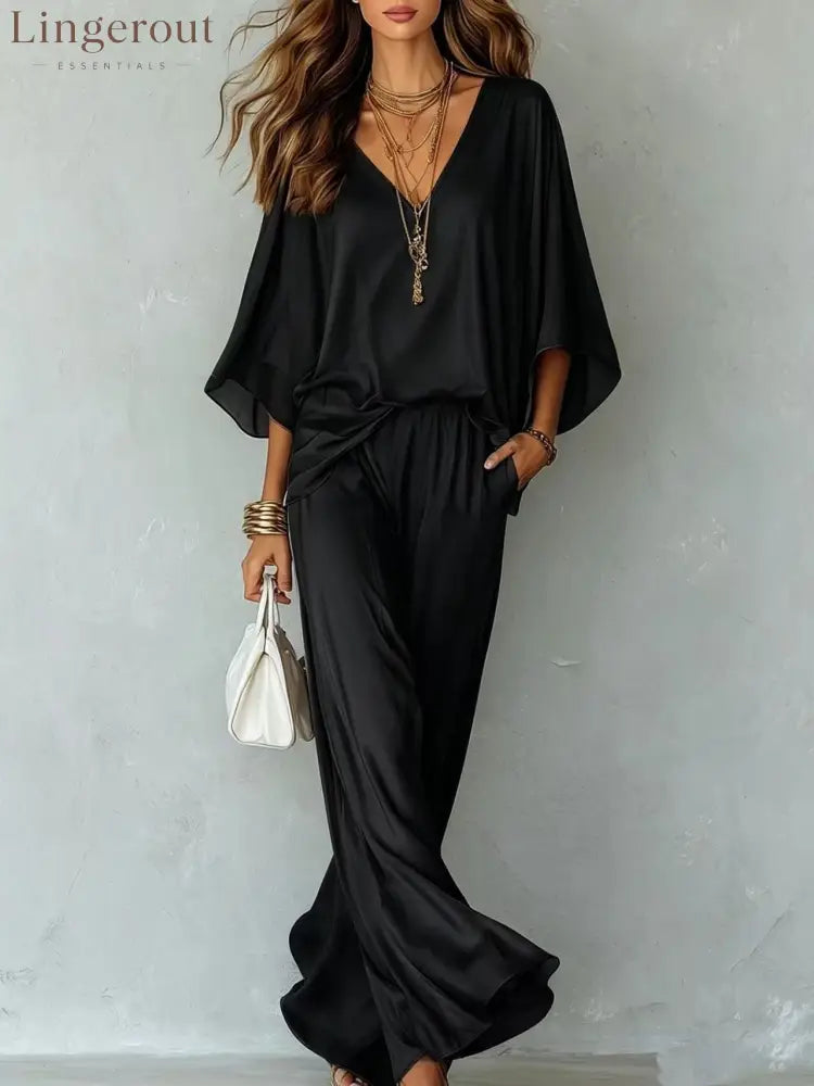 Satin Batwing Top Wide Leg Pants 2 Piece Set - Black / XS