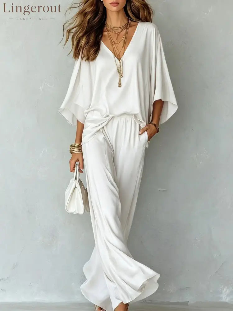 Satin Batwing Top Wide Leg Pants 2 Piece Set - White / XS
