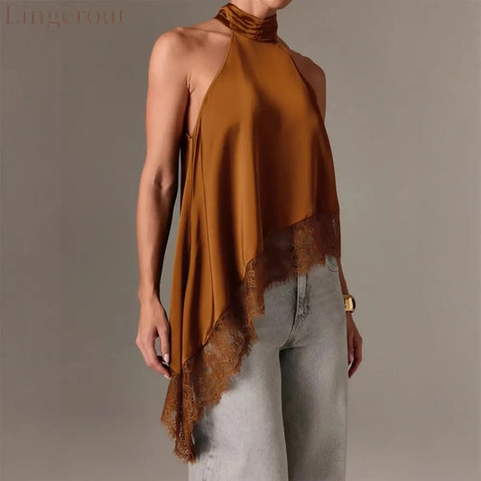 Satin Halter Asymmetrical Lace Hem Cami Top