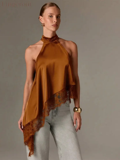 Satin Halter Asymmetrical Lace Hem Cami Top - Khaki / S