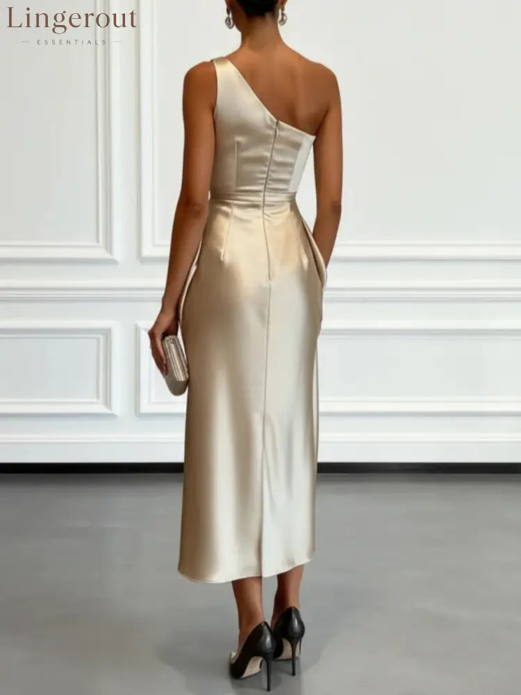 Satin One-shoulder Sleeveless Ruffled Midi Dress