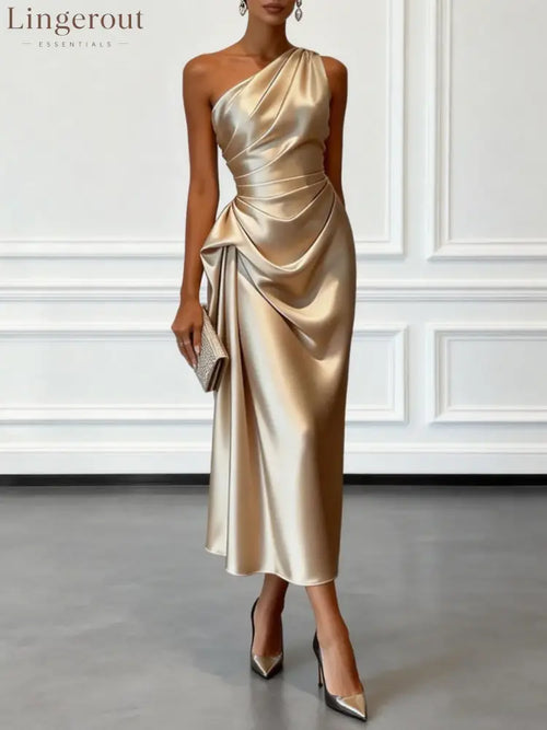 Satin One-shoulder Sleeveless Ruffled Midi Dress - Champagne / XS