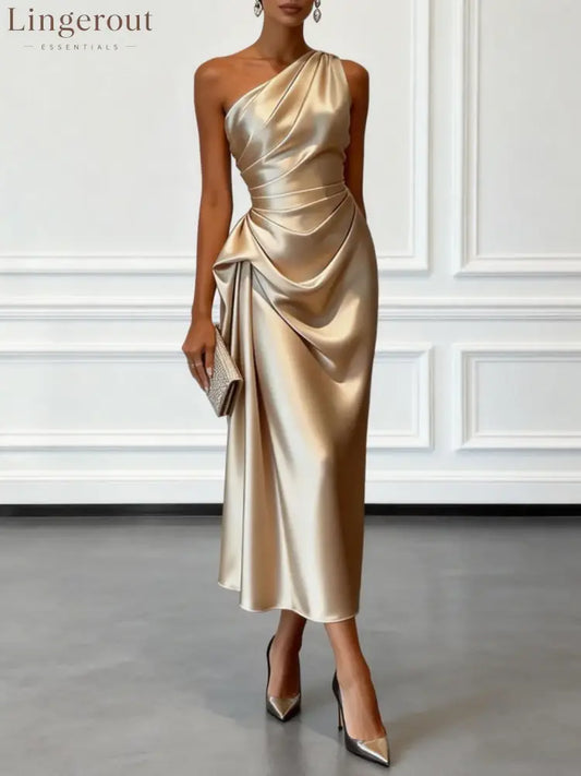 Satin One-shoulder Sleeveless Ruffled Midi Dress - Champagne / XS