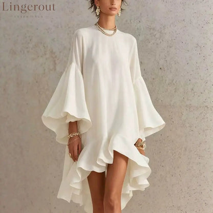 Satin Round Neck Oversized Bell Sleeve High Low Ruffle Mini Tunic Dress