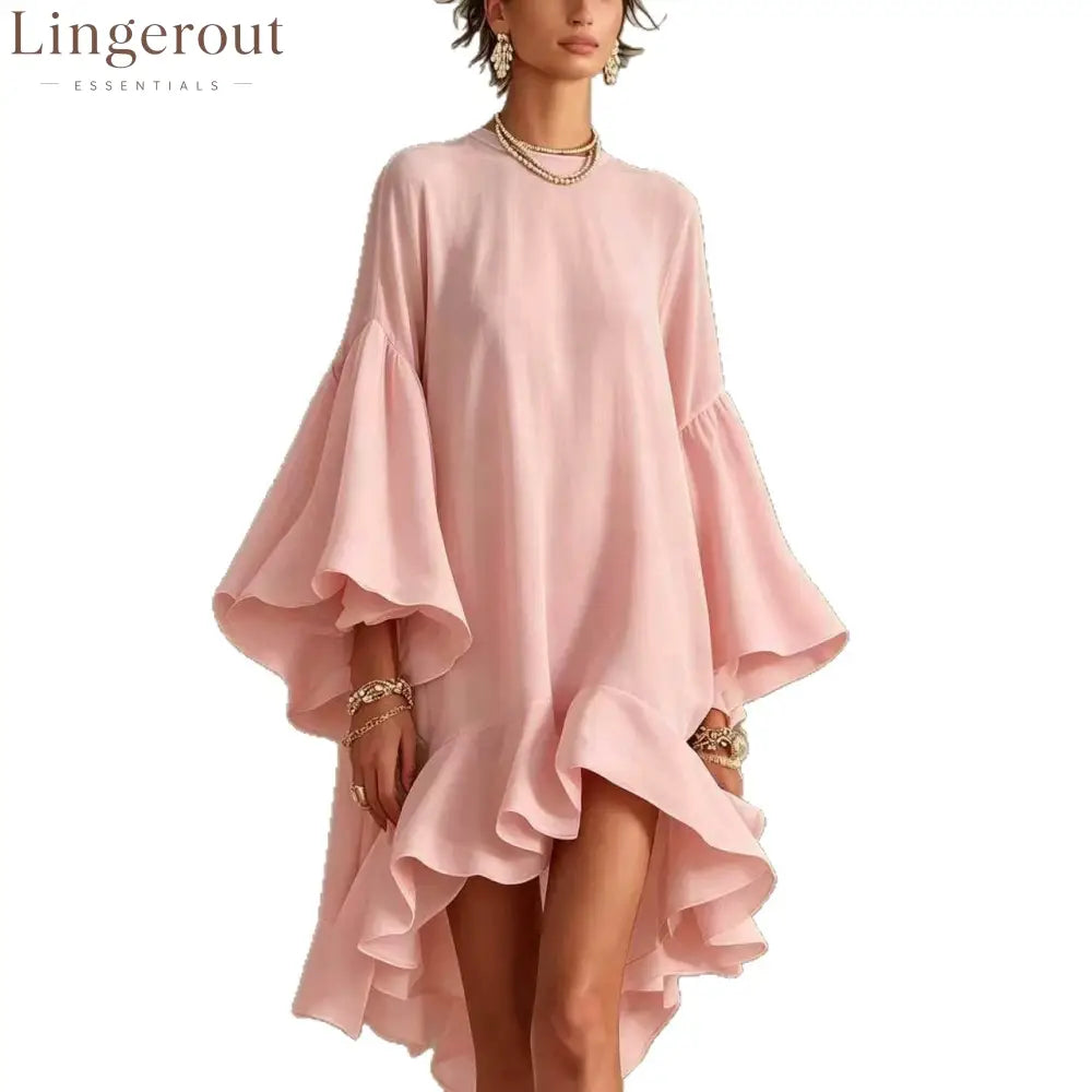 Satin Round Neck Oversized Bell Sleeve High Low Ruffle Mini Tunic Dress