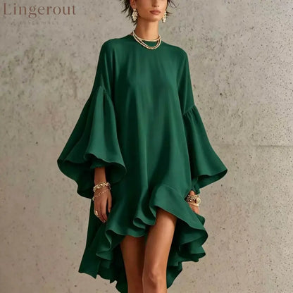 Satin Round Neck Oversized Bell Sleeve High Low Ruffle Mini Tunic Dress - Dark green / XS