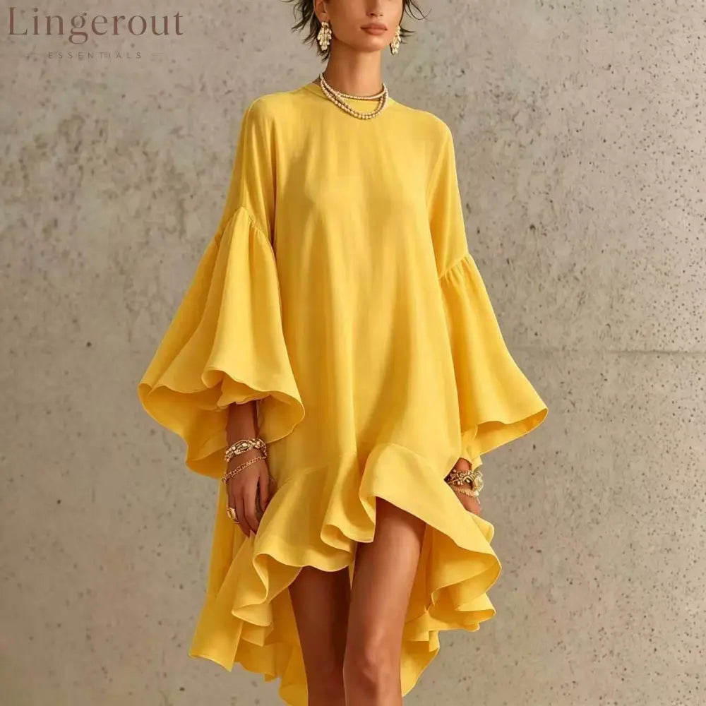 Satin Round Neck Oversized Bell Sleeve High Low Ruffle Mini Tunic Dress - Gold / XS