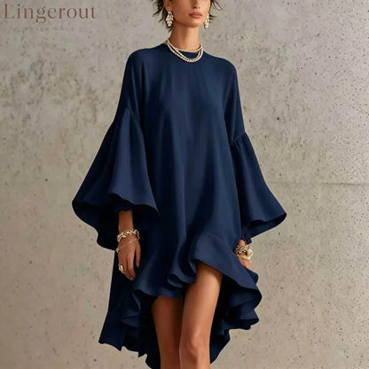 Satin Round Neck Oversized Bell Sleeve High Low Ruffle Mini Tunic Dress - Navy blue / XS