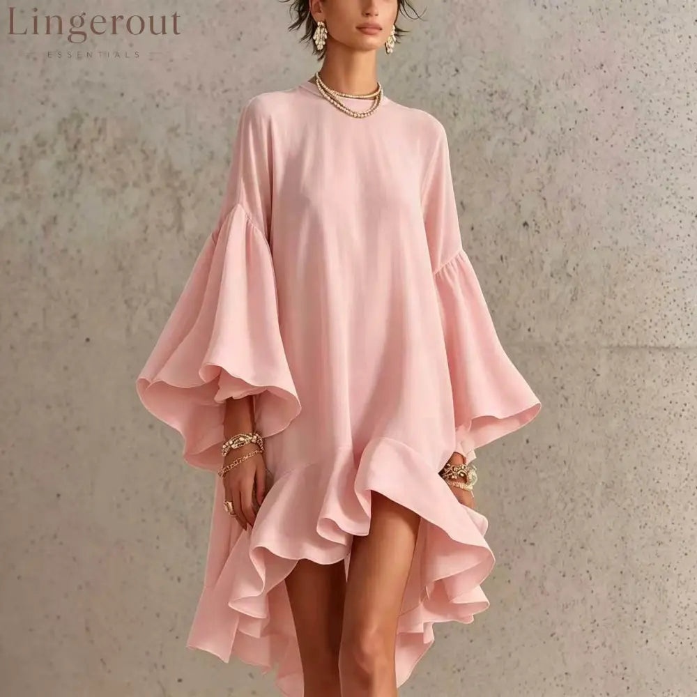 Satin Round Neck Oversized Bell Sleeve High Low Ruffle Mini Tunic Dress - Pink / XS