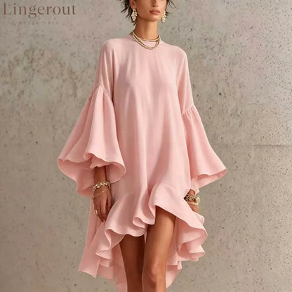 Satin Round Neck Oversized Bell Sleeve High Low Ruffle Mini Tunic Dress - Pink / XS