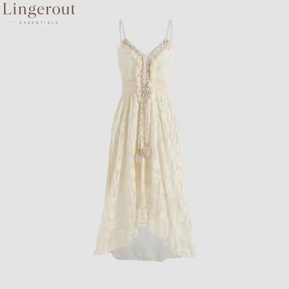 Scalloped Lace Spaghetti Strap High Low Flowy Maxi Dress