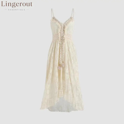Scalloped Lace Spaghetti Strap High Low Flowy Maxi Dress