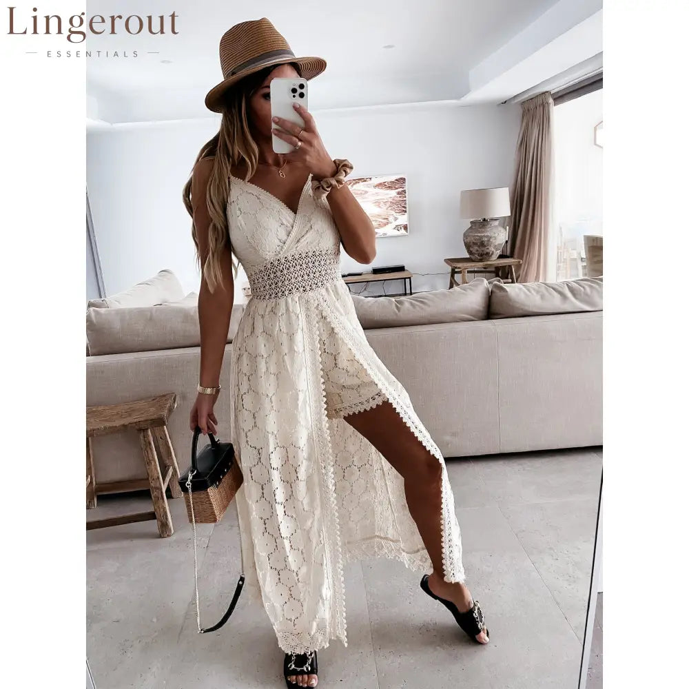 Scalloped Lace Spaghetti Strap High Low Flowy Maxi Dress