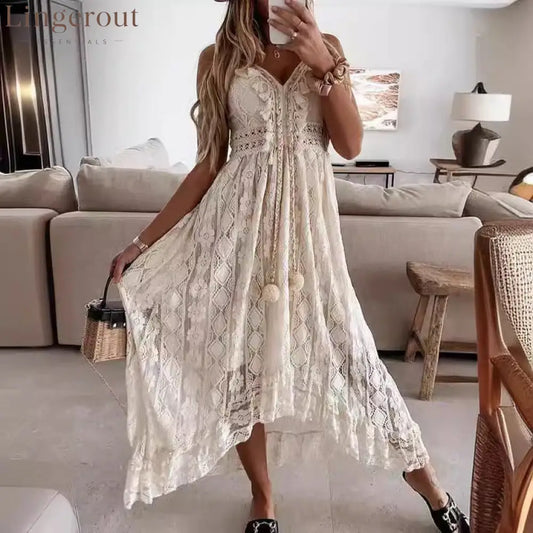 Scalloped Lace Spaghetti Strap High Low Flowy Maxi Dress