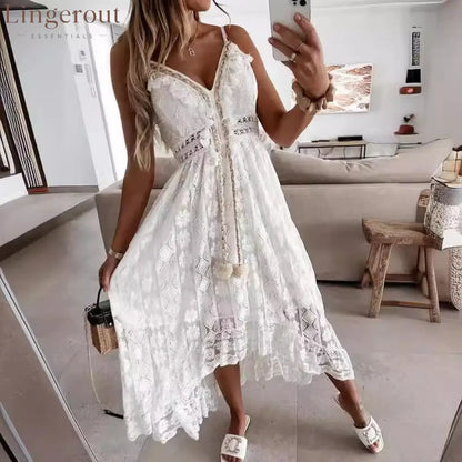 Scalloped Lace Spaghetti Strap High Low Flowy Maxi Dress