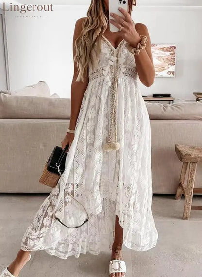 Scalloped Lace Spaghetti Strap High Low Flowy Maxi Dress - White / XS