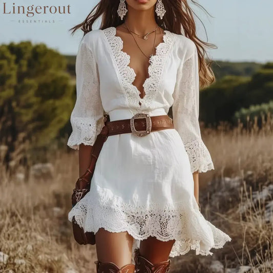 Scalloped Lace V Neck 3/4 Flare Sleeve Mini Dress