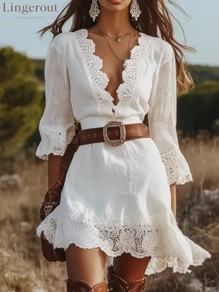 Scalloped Lace V Neck 3/4 Flare Sleeve Mini Dress - White / S