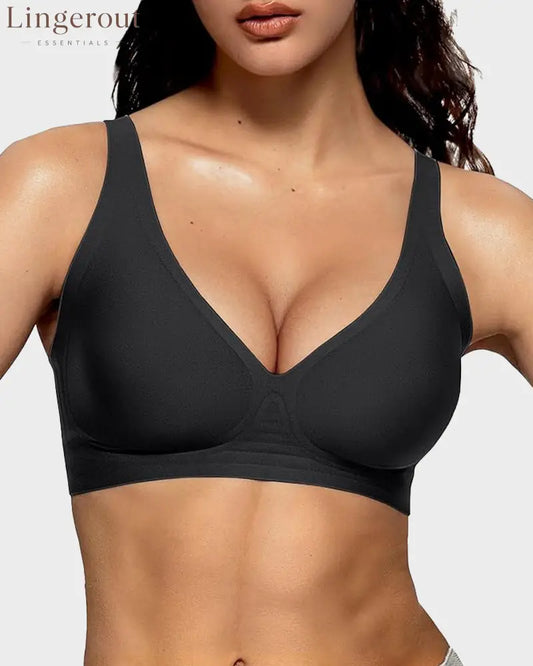 Seamless Deep V Push-Up Wireless Bra - Black / S