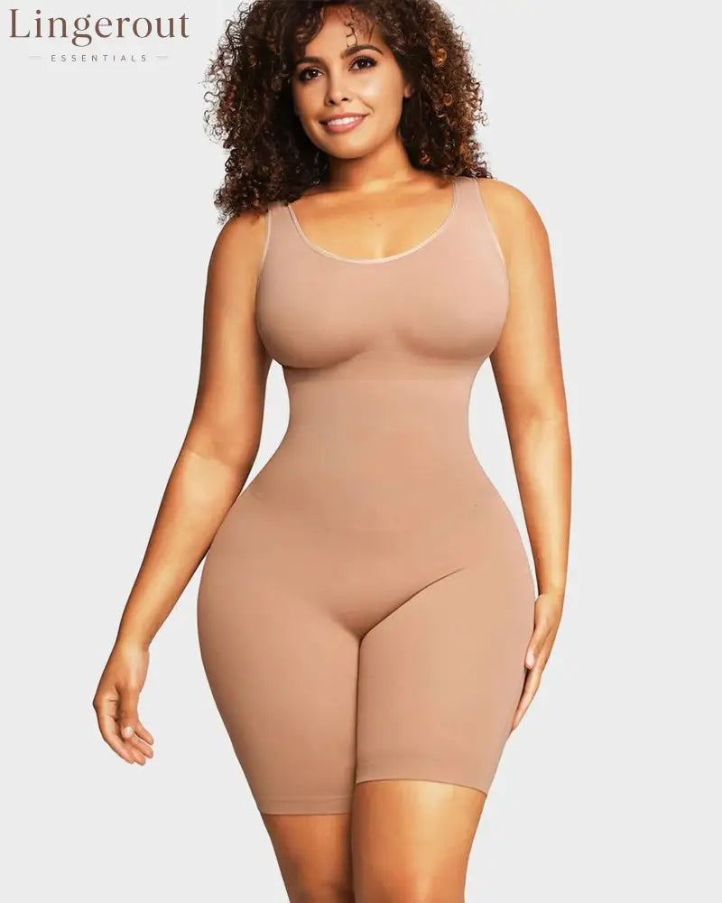 Seamless Sculpting Mid Thigh Bodysuit Shaper - Peach / S