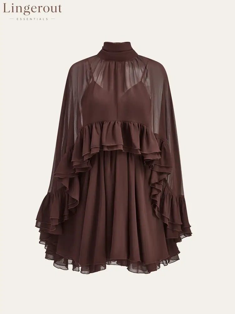 Semi-Sheer Chiffon Ruffle Dress With Outer Cape - Dark Brown / S