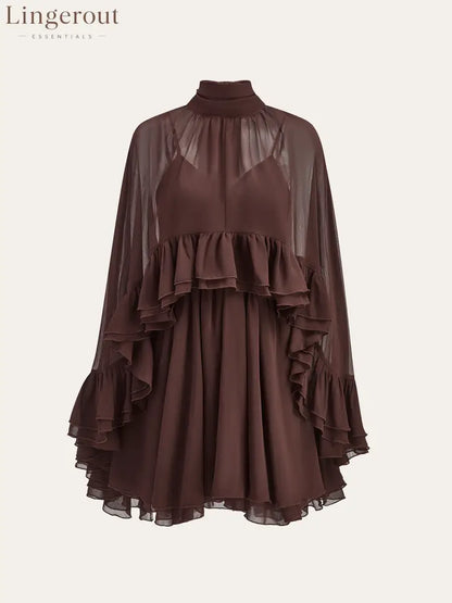 Semi-Sheer Chiffon Ruffle Dress With Outer Cape - Dark Brown / S