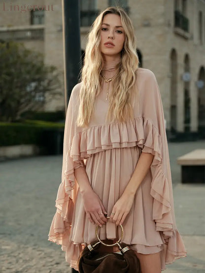 Semi-Sheer Chiffon Ruffle Dress With Outer Cape - Pink / S