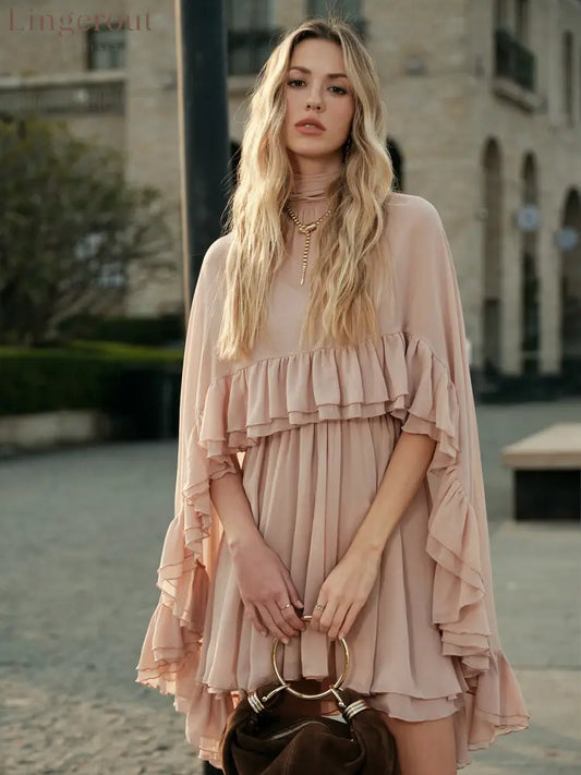 Semi-Sheer Chiffon Ruffle Dress With Outer Cape - Pink / S