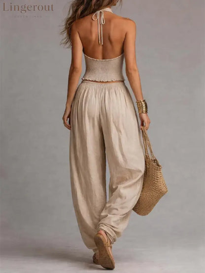 Sexy Boho Halter Top & Wide-leg Pants Two-piece Set