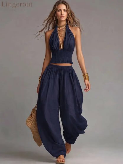 Sexy Boho Halter Top & Wide-leg Pants Two-piece Set