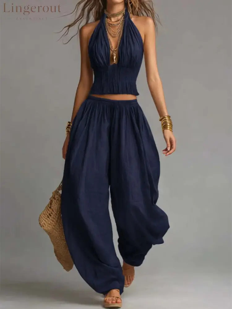 Sexy Boho Halter Top & Wide-leg Pants Two-piece Set - Navy / S