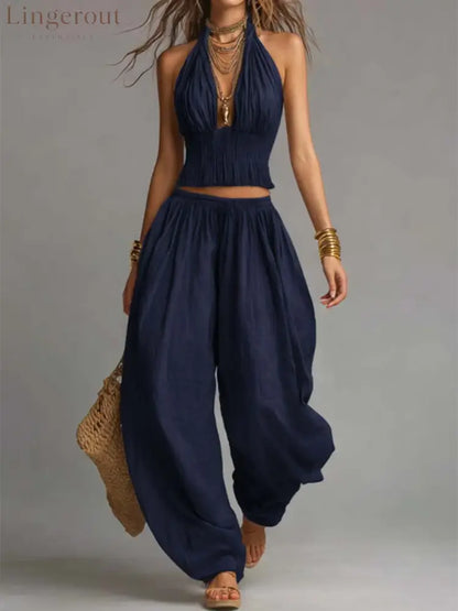 Sexy Boho Halter Top & Wide-leg Pants Two-piece Set - Navy / S