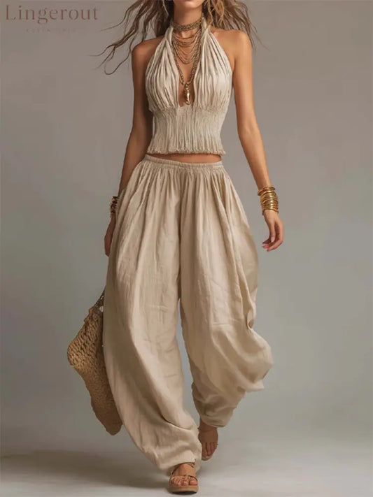 Sexy Boho Halter Top & Wide-leg Pants Two-piece Set - Sand / S