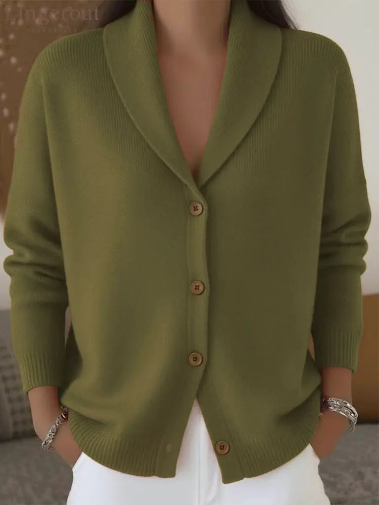 Shawl Lapel Button Down Knit Cardigan - Army green / S