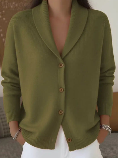 Shawl Lapel Button Down Knit Cardigan - Army green / S