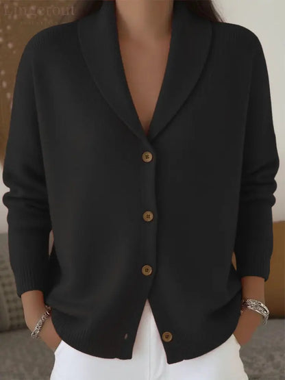 Shawl Lapel Button Down Knit Cardigan - Black / S