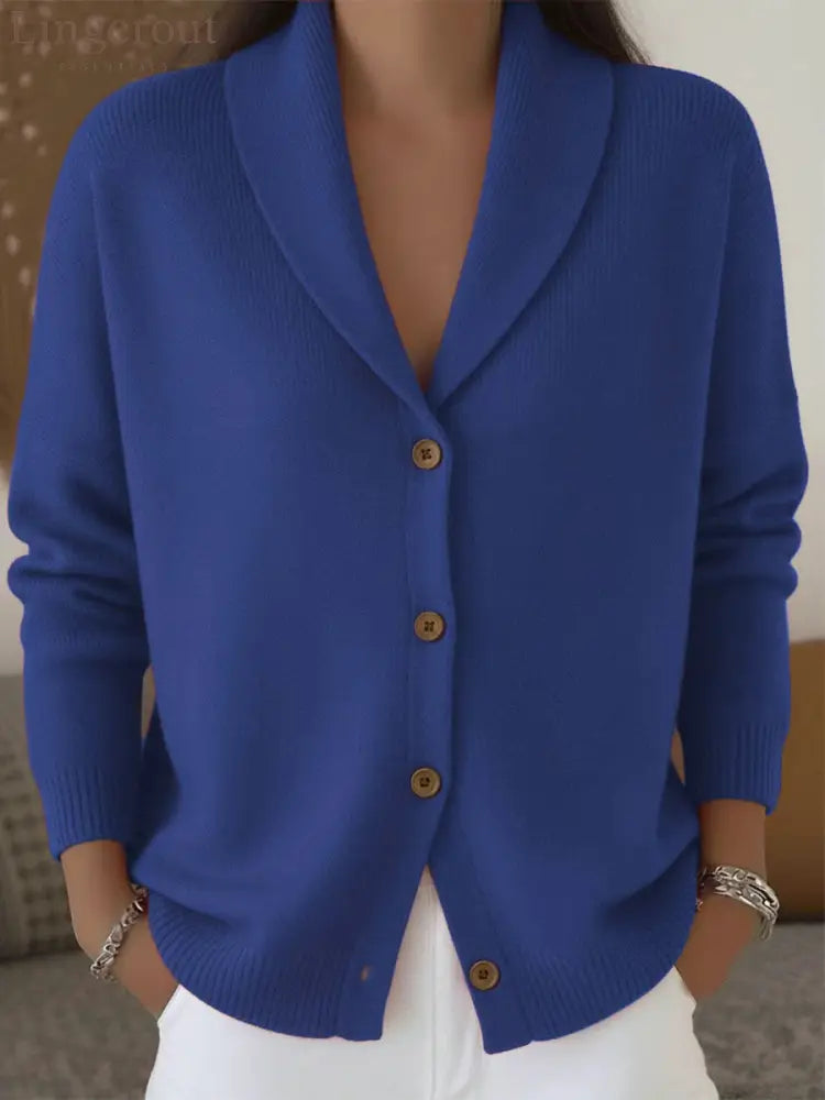 Shawl Lapel Button Down Knit Cardigan - Blue / S