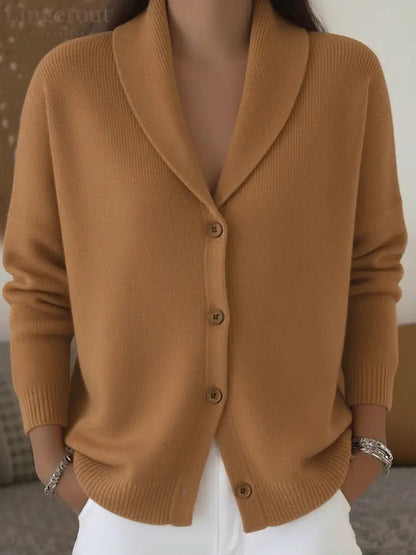 Shawl Lapel Button Down Knit Cardigan - Brown / S