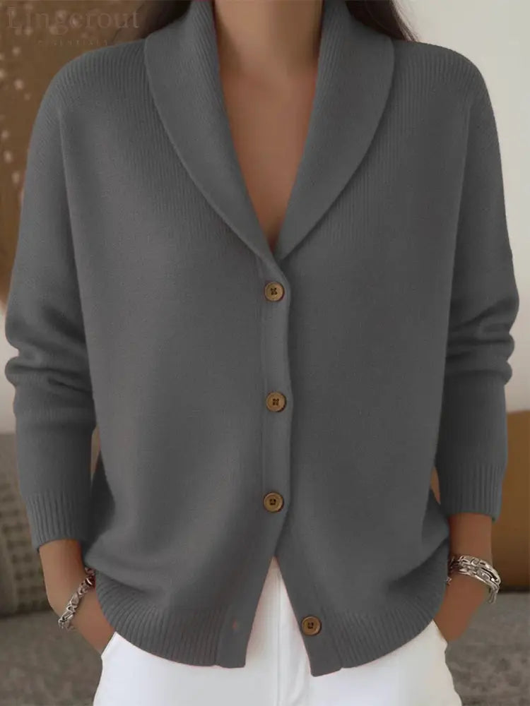 Shawl Lapel Button Down Knit Cardigan - Grey / S