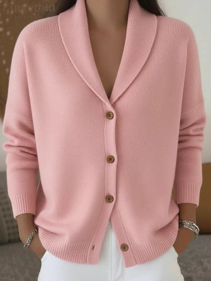 Shawl Lapel Button Down Knit Cardigan - Pink / S